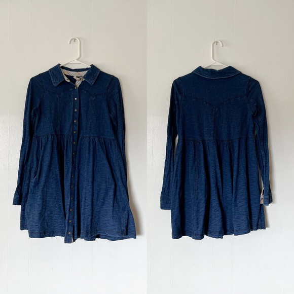 Free People Stretch Denim Knit Button Down Shirt Dress - Picture 6 of 10